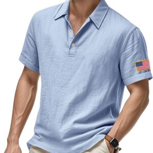 Men's Linen Polo Shirt American Flag Embroidery Tees Short Sleeve